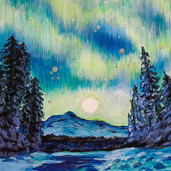 Картина «Північне Сяйво» — авторський зимовий пейзаж, акрил